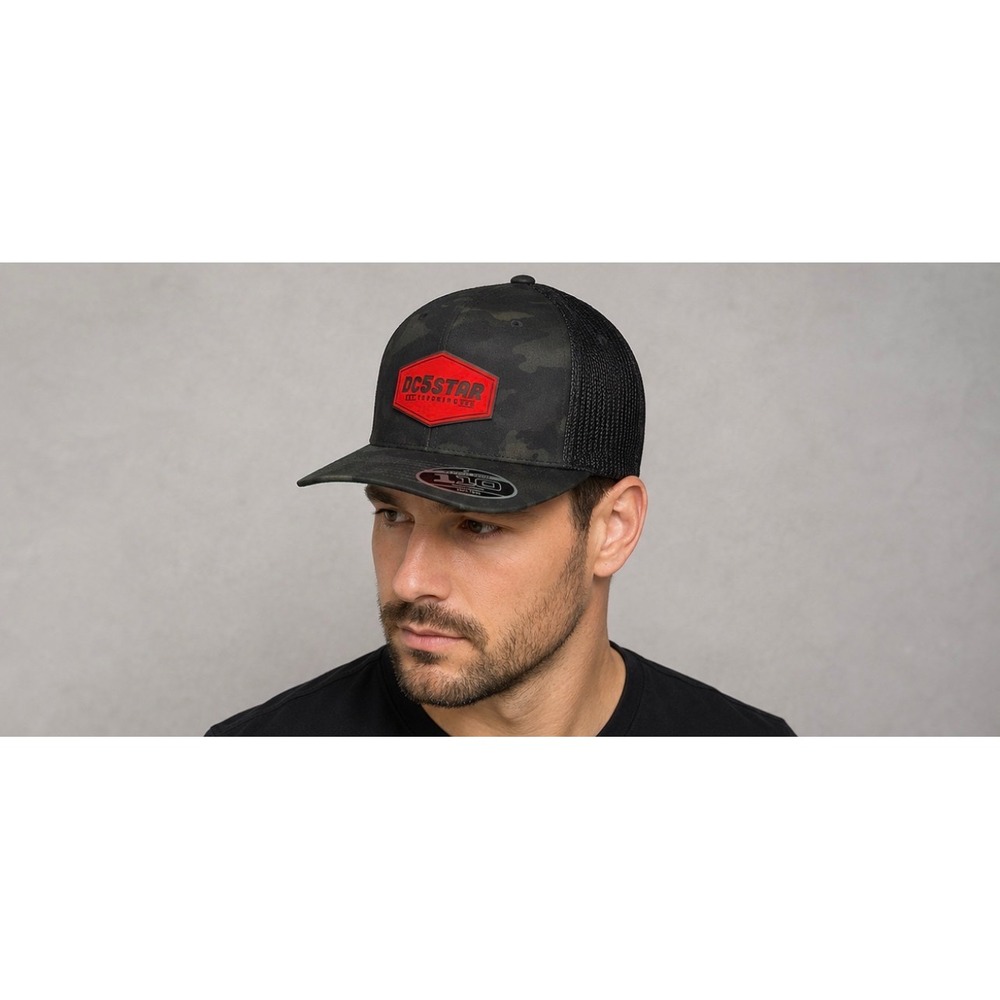 Branded Bills DC5STAR Camo Trucker Hat Flexfit 110 Snapback Black Red Patch Hat